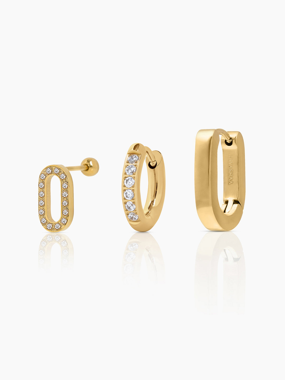 Celia Plain Hoop Studded Oval Charm Pave Crystals Women's Earrings Set