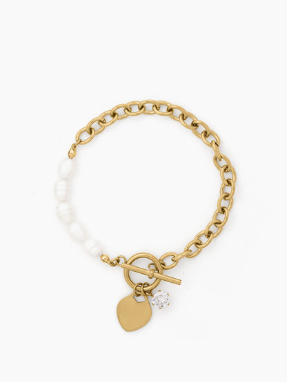 Celviana Heart Charm White Pearl Wrap Solitaire 18K Gold Plated Women's Loose Toggle Chain Bracelet