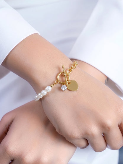 Celviana Heart Charm White Pearl Wrap Solitaire 18K Gold Plated Women's Loose Toggle Chain Bracelet