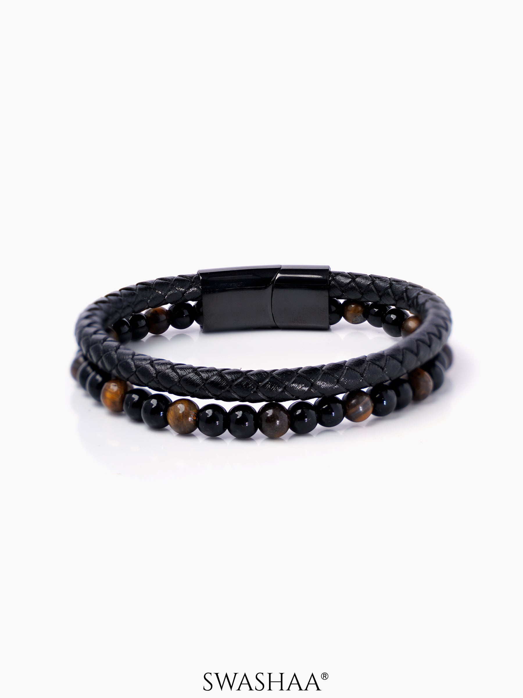 Charles Black Matte Brown Tiger Eye Beads Layered Men's Leather Bracelet