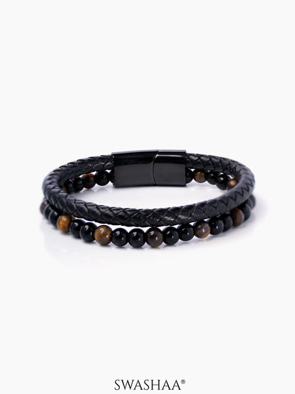 Charles Black Matte Brown Tiger Eye Beads Layered Men's Leather Bracelet