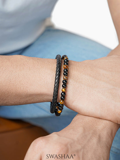 Charles Black Matte Brown Tiger Eye Beads Layered Men's Leather Bracelet