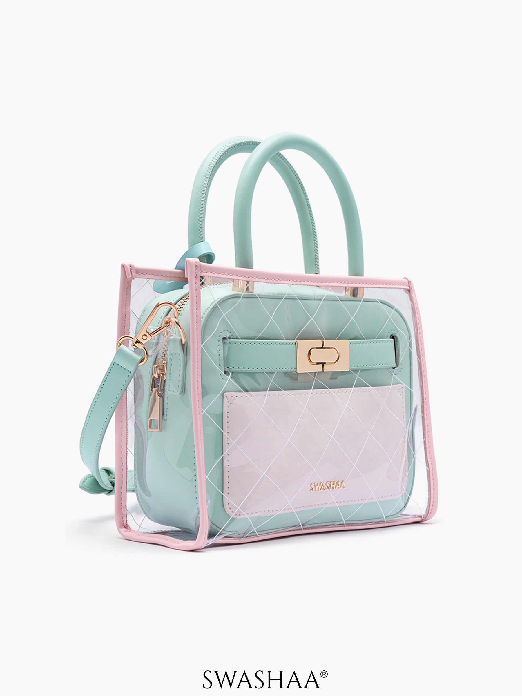Cherie Mint Pink Transparent Inlay Women's Leather Handbag