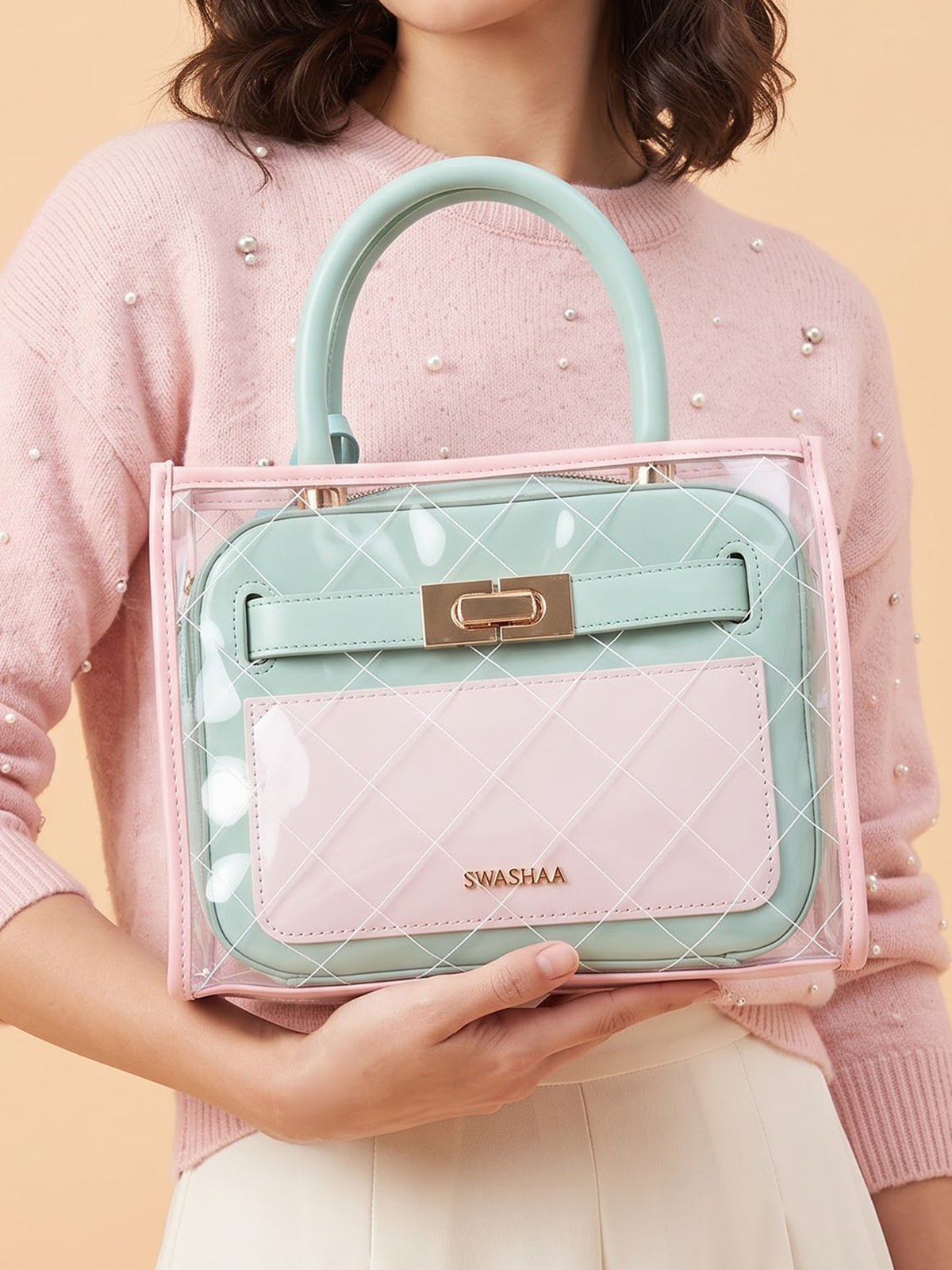 Cherie Mint Pink Transparent Inlay Women's Leather Handbag