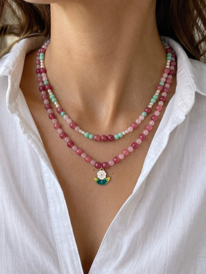Cherry Pink Women’s Layered Beaded Necklace