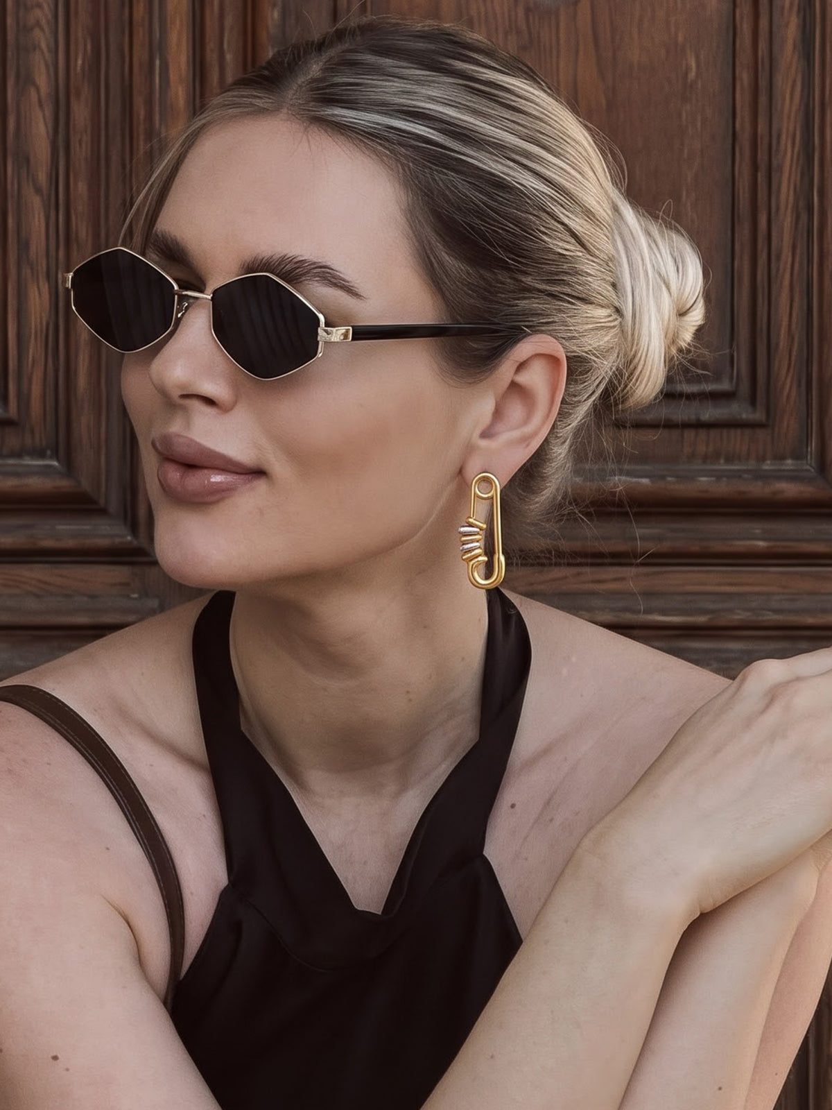 Chicago Safety Pin 18K Gold Plated - Silver Women's Stud Earrings