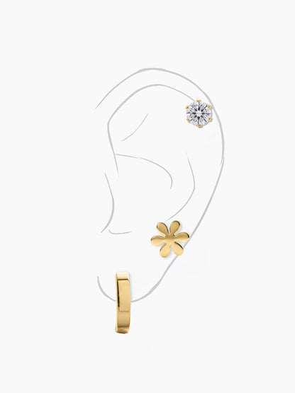 Cireva Flower Charm Trio Round Diamond 18K Gold Plated Women's Stud, Hoop Earrings Set