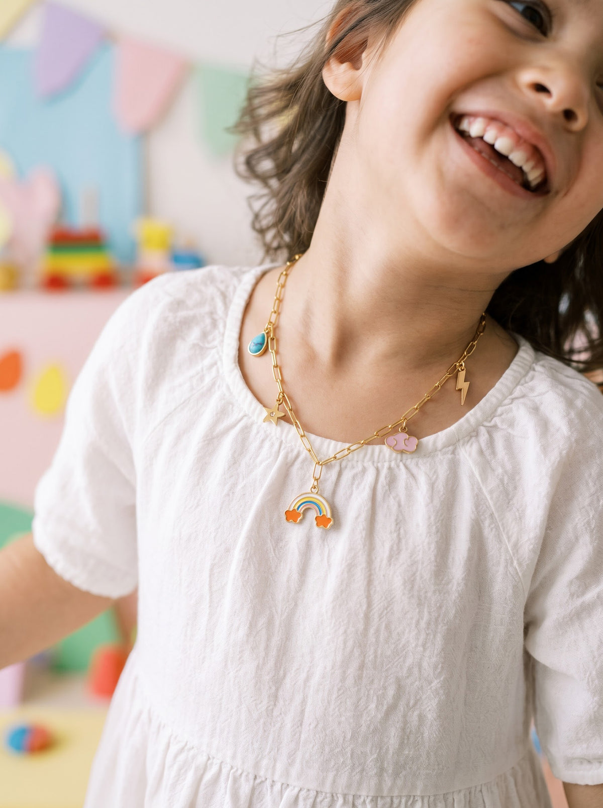 Cloudy Rainbow Star Lightning bolt Dream Blue Charms 18K Gold Plated Kid's Chain Pendant Necklace