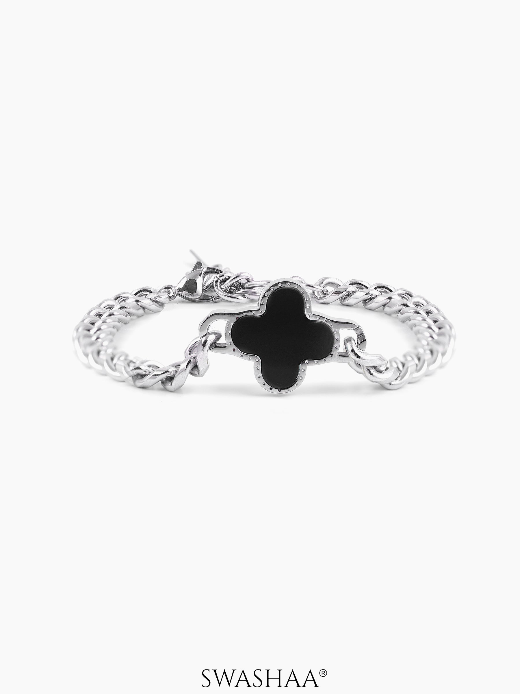 Clover Charm Silver Black Men's Chain Bracelet