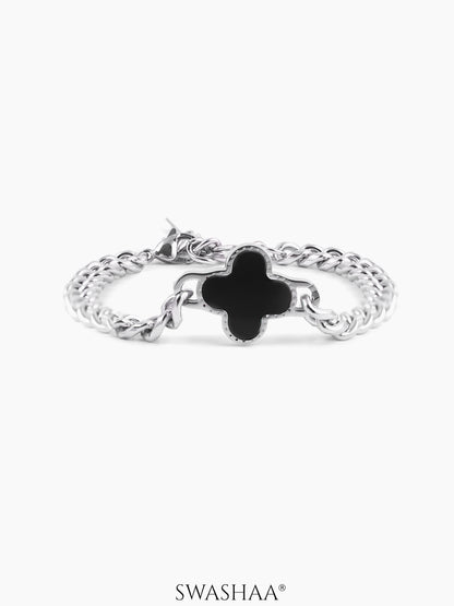 Clover Charm Silver Black Men's Chain Bracelet