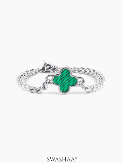 Clover Charm Silver Green Men's Chain Bracelet