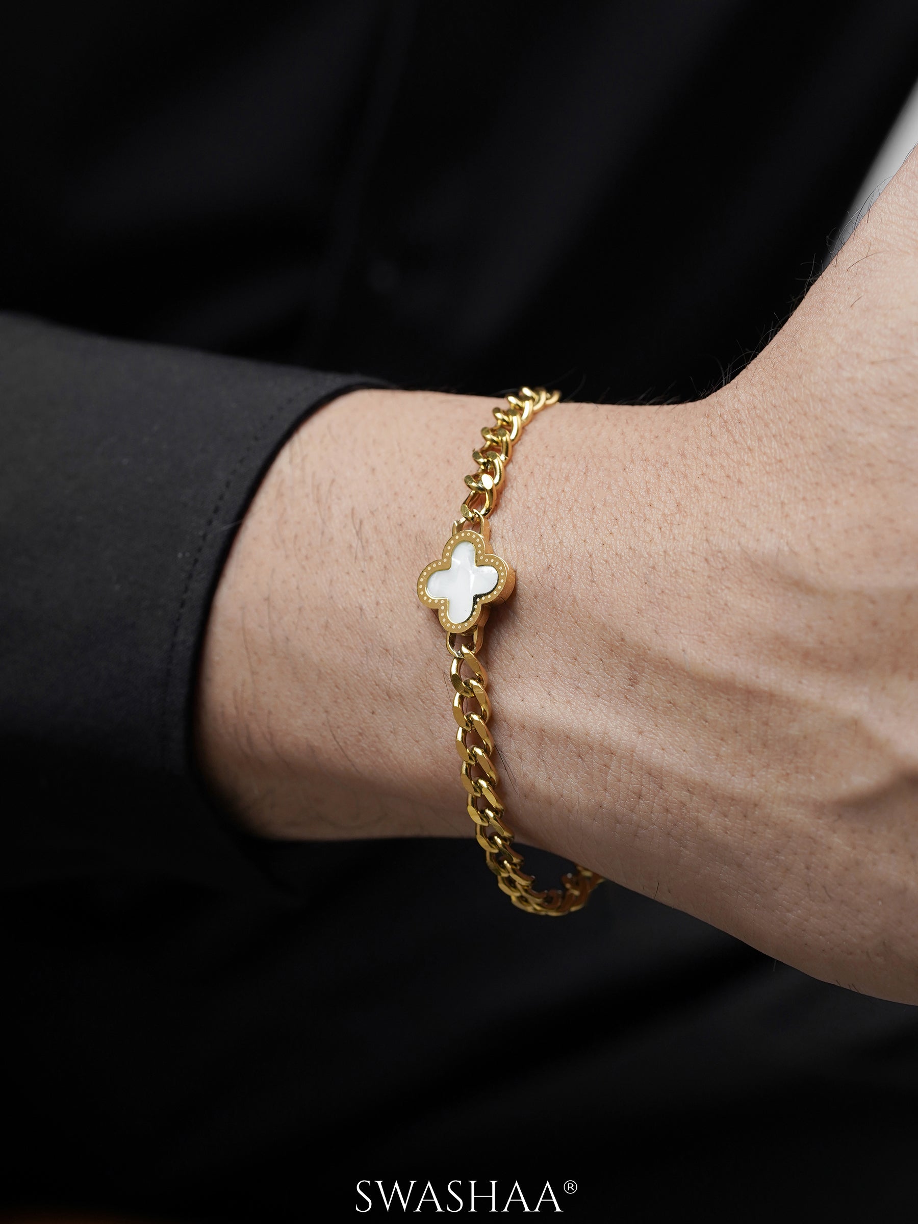 Clover Charm 18K Gold White Men's Chain Bracelet