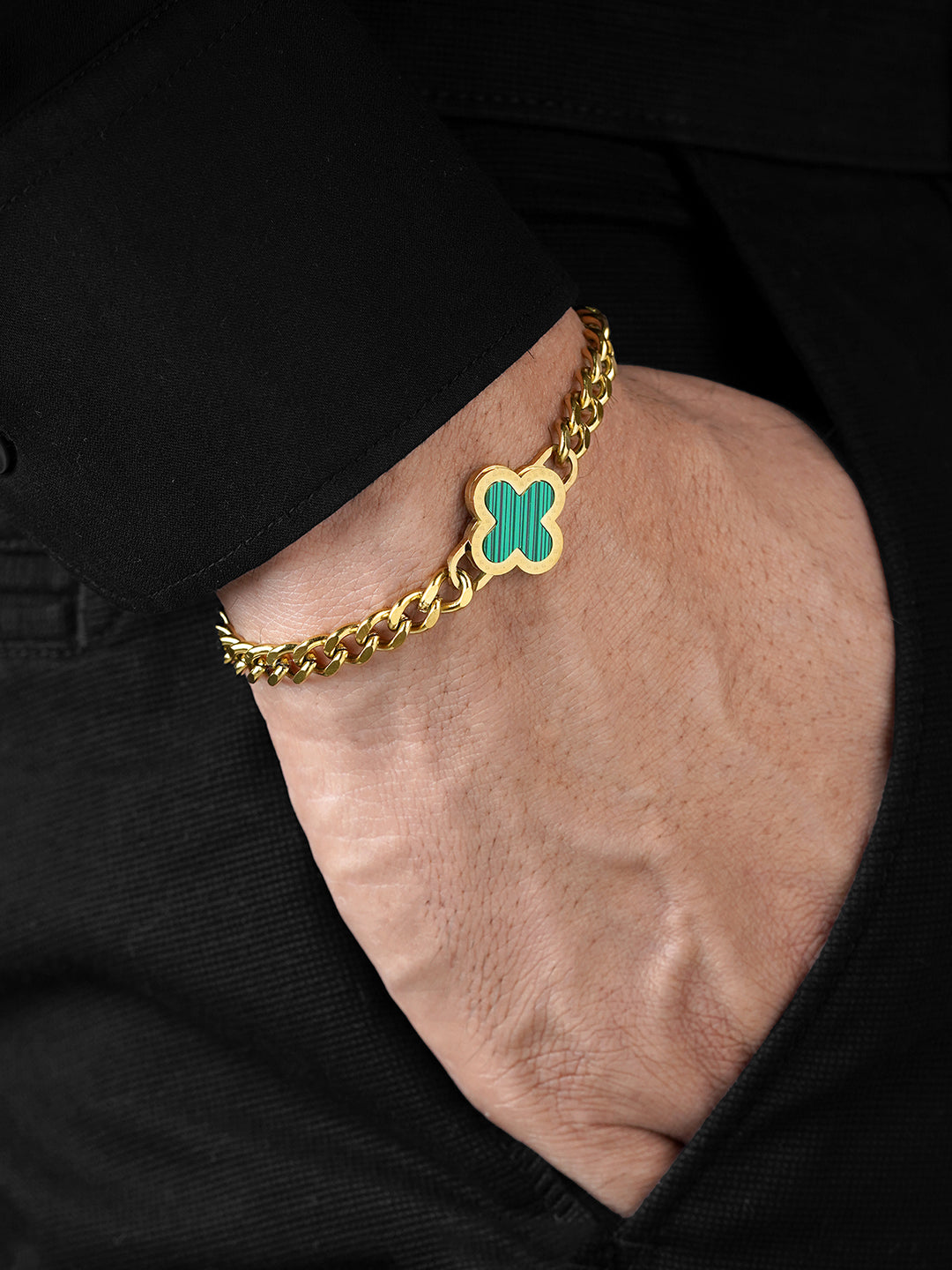 Clover Charm 18K Gold Green Men's Chain Bracelet