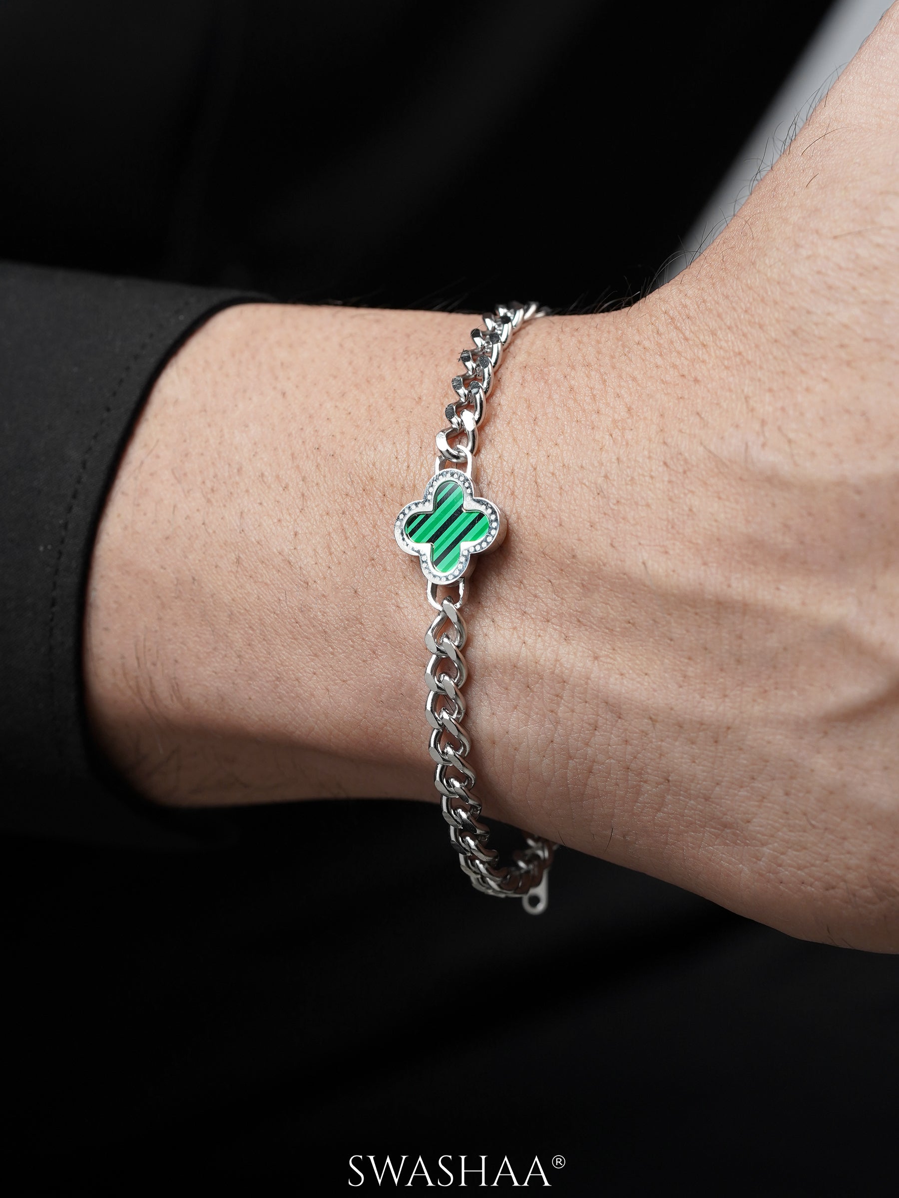 Clover Charm Silver Green Men's Chain Bracelet
