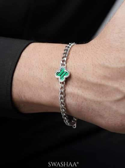 Clover Charm Silver Green Men's Chain Bracelet