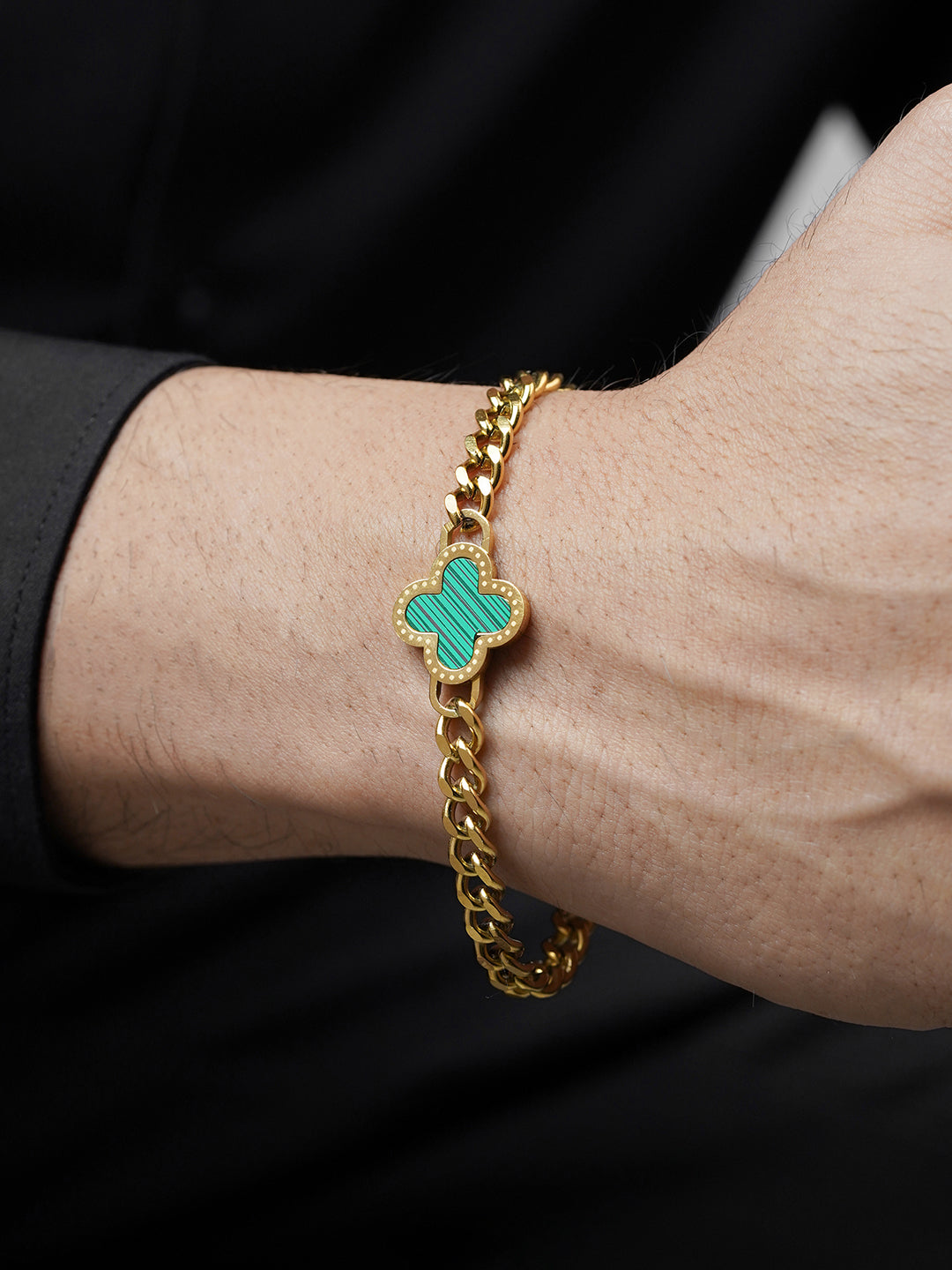 Clover Charm 18K Gold Green Men's Chain Bracelet