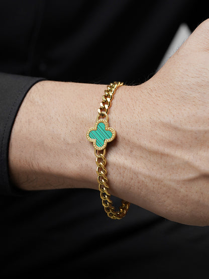 Clover Charm 18K Gold Green Men's Chain Bracelet