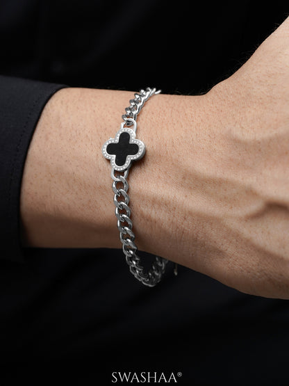 Clover Charm Silver Black Men's Chain Bracelet