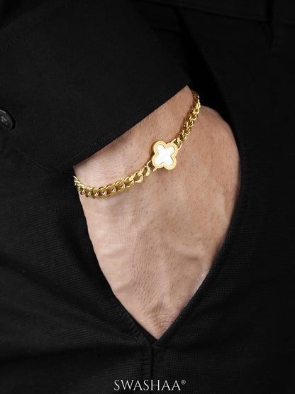 Clover Charm 18K Gold White Men's Chain Bracelet