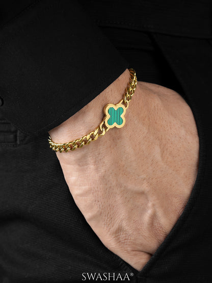 Clover Charm 18K Gold Green Men's Chain Bracelet