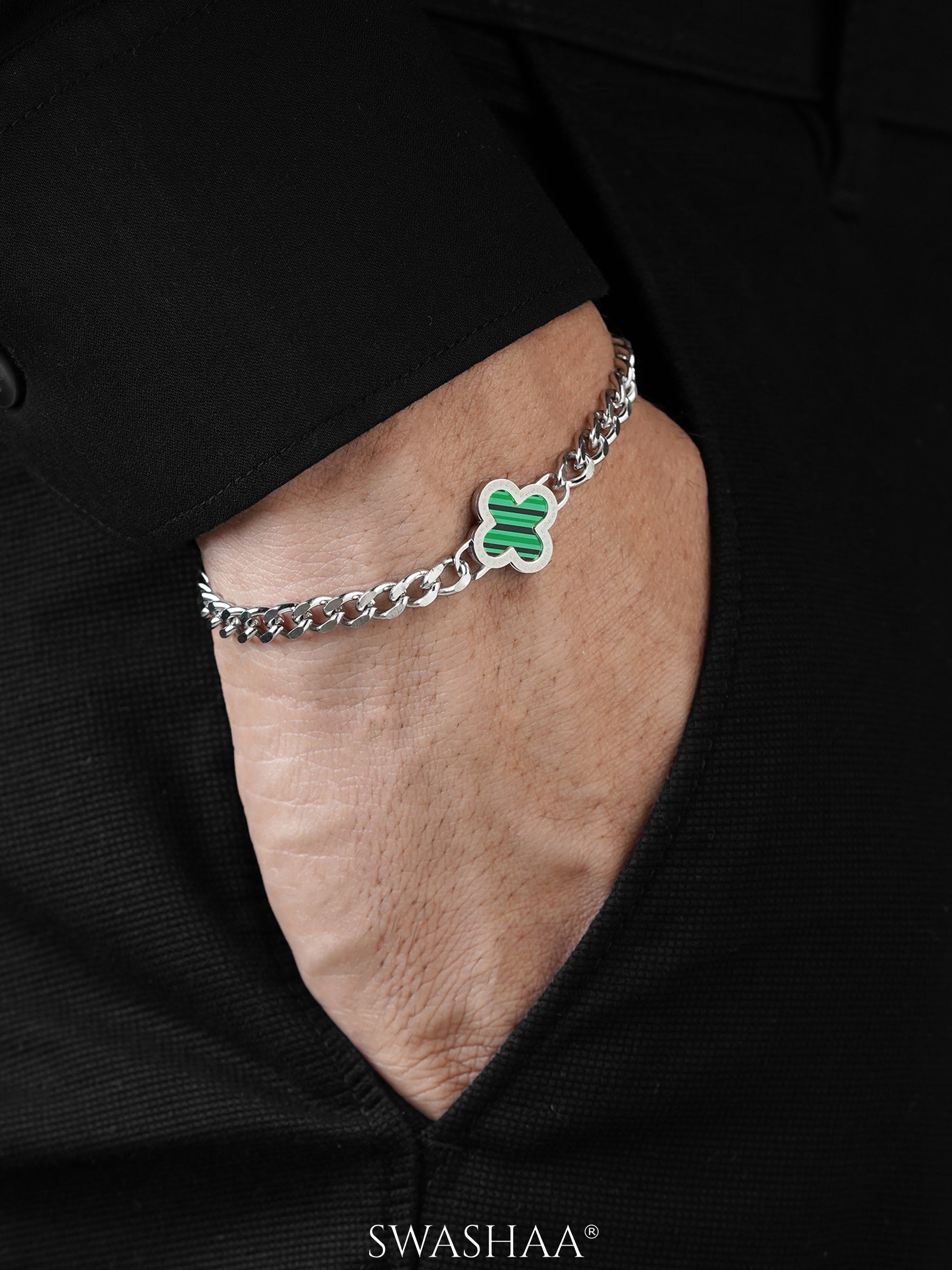 Clover Charm Silver Green Men's Chain Bracelet