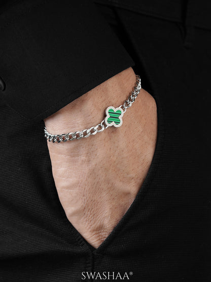 Clover Charm Silver Green Men's Chain Bracelet