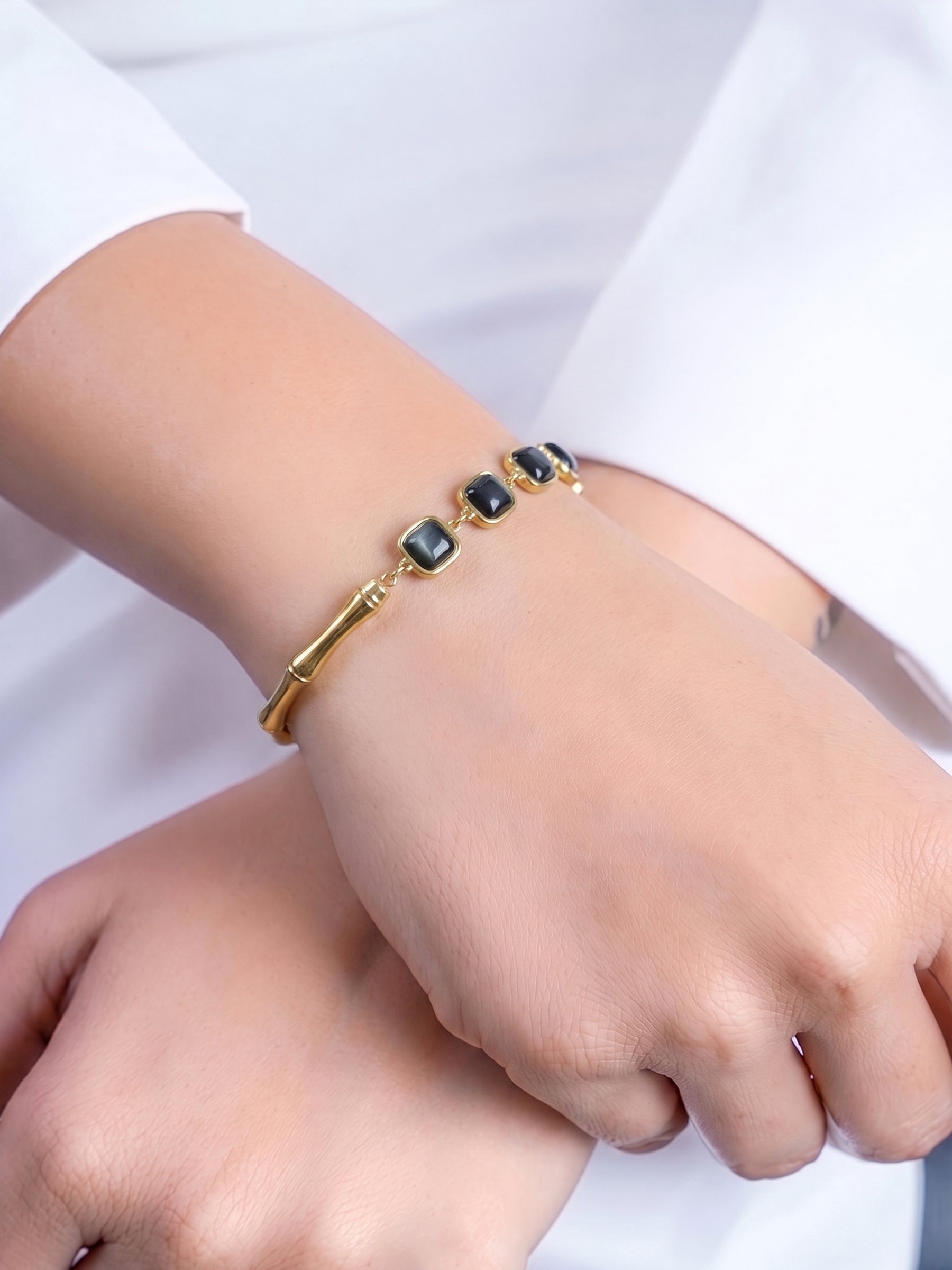 Clovia Black Stone 18K Gold Plated Women's Bracelet