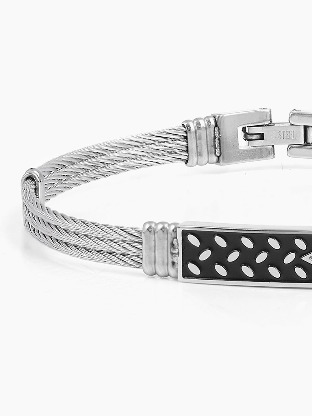 Conan Dotted Black Plate Wired Silver Men's Bracelet