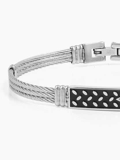 Conan Dotted Black Plate Wired Silver Men's Bracelet