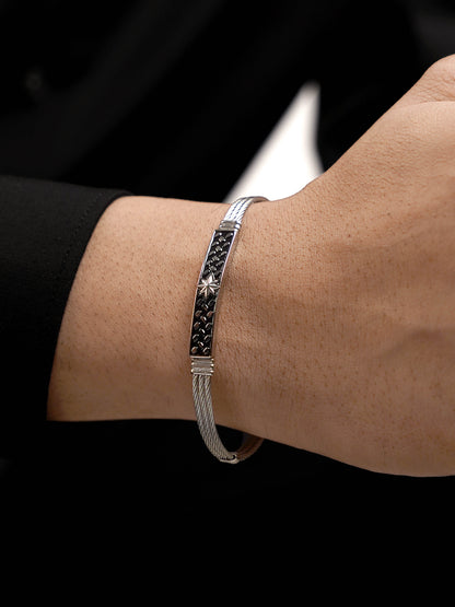 Conan Dotted Black Plate Wired Silver Men's Bracelet