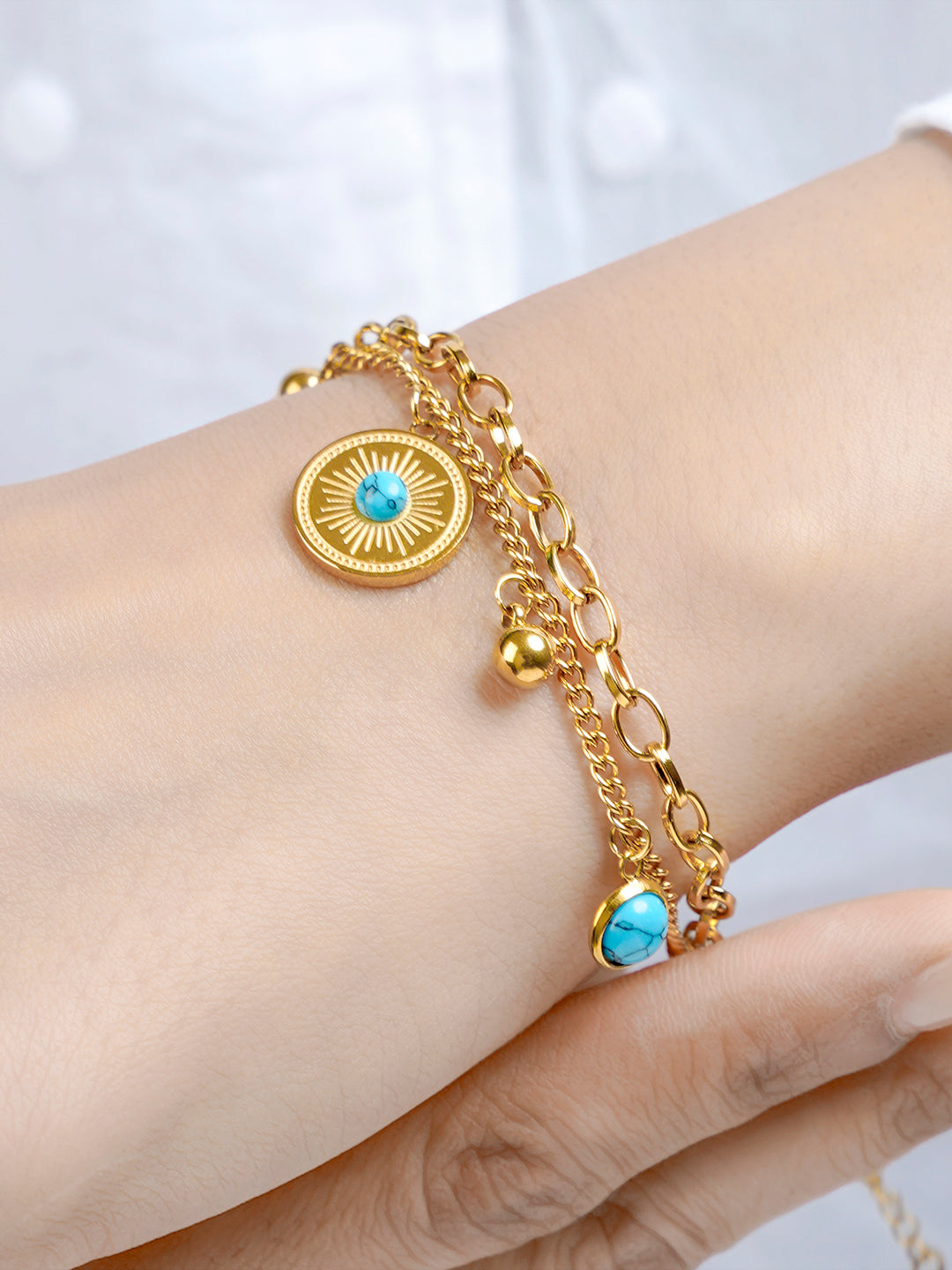 Aahana Layered Turquoise Eye Gold Beads Charms 18K Gold Plated Loose Chain Bracelet