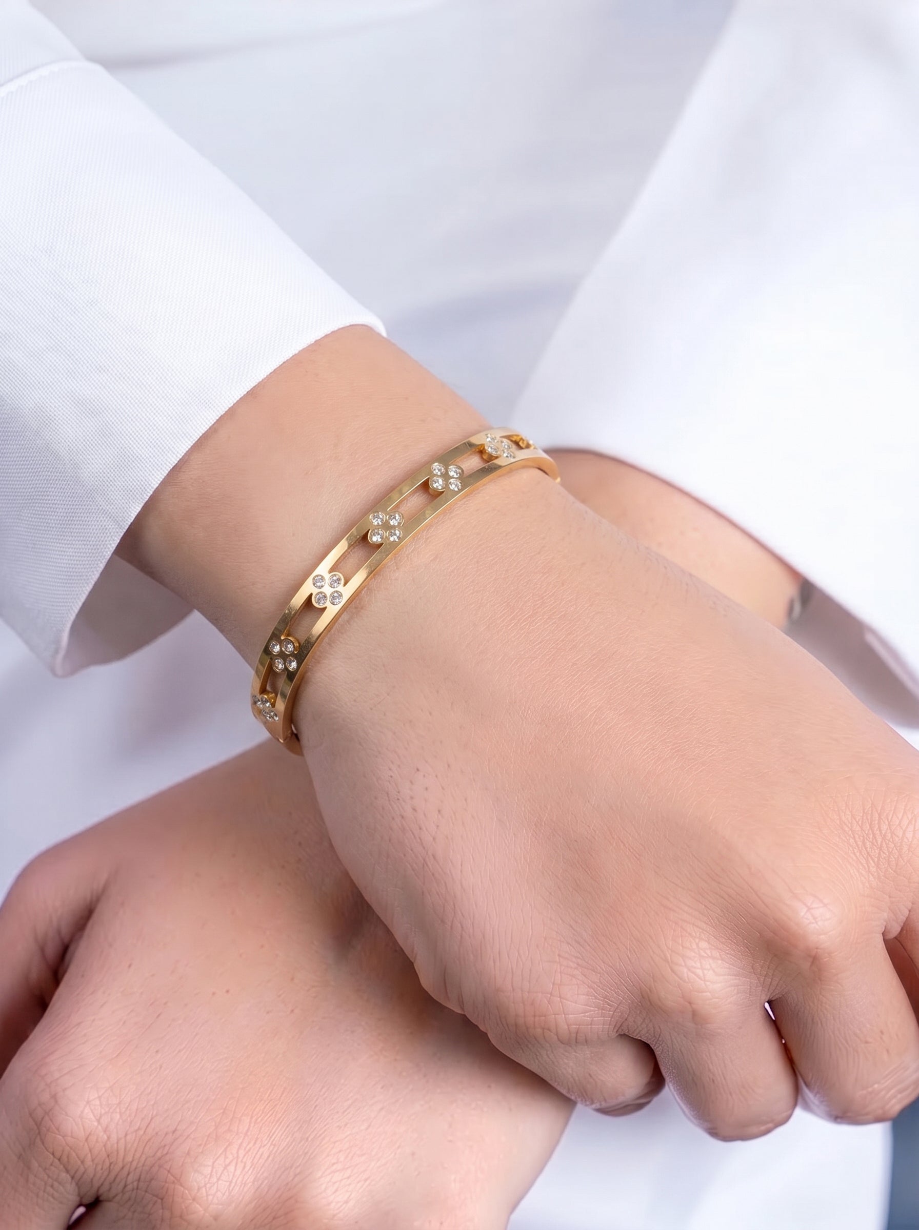 Coralie Floral Line Diamond Solitaire 18K Gold Plated Women's Solid Band Bracelet