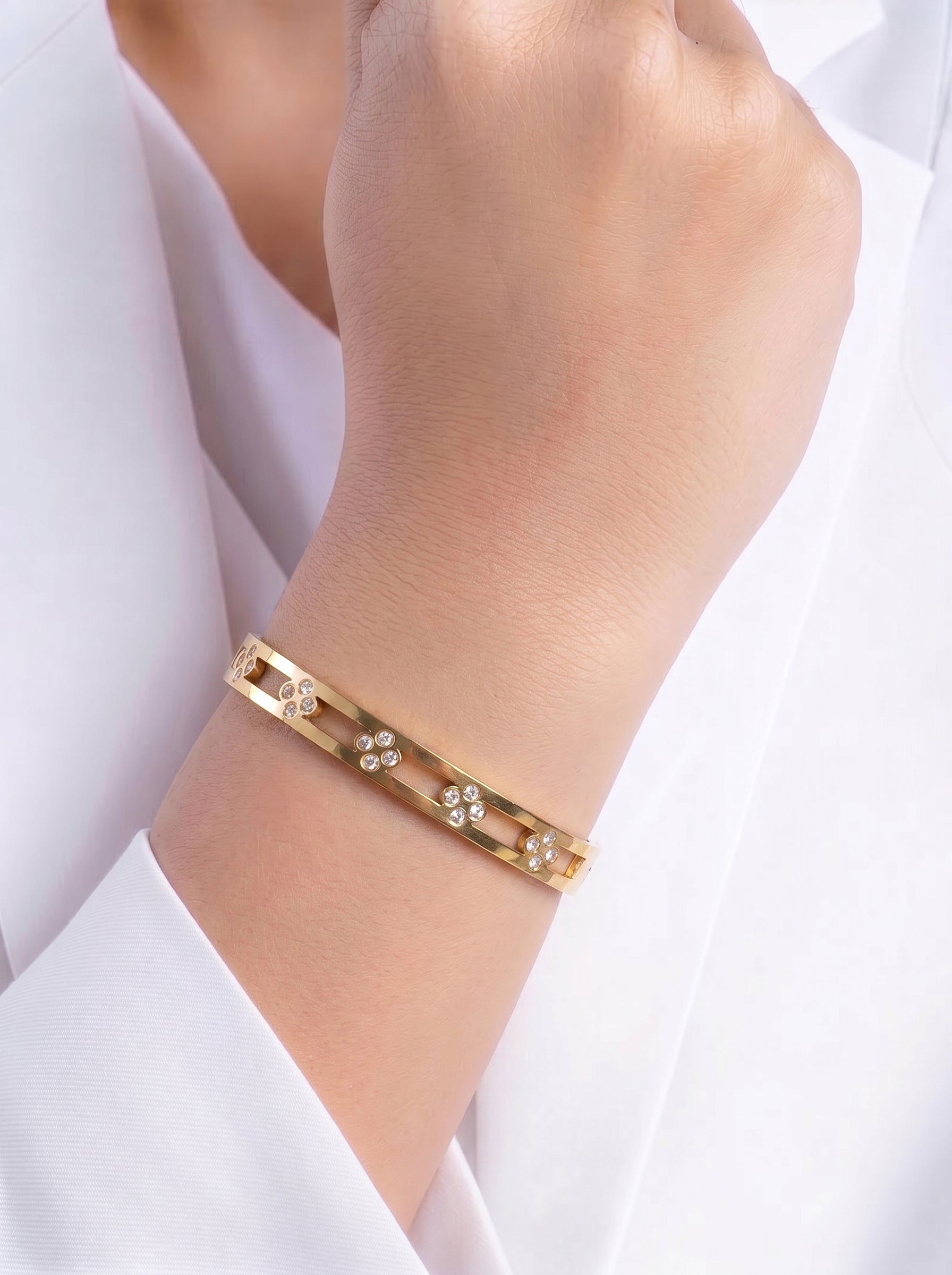 Coralie Floral Line Diamond Solitaire 18K Gold Plated Women's Solid Band Bracelet