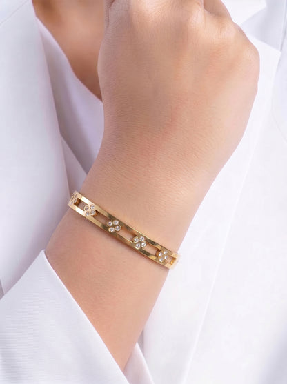 Coralie Floral Line Diamond Solitaire 18K Gold Plated Women's Solid Band Bracelet