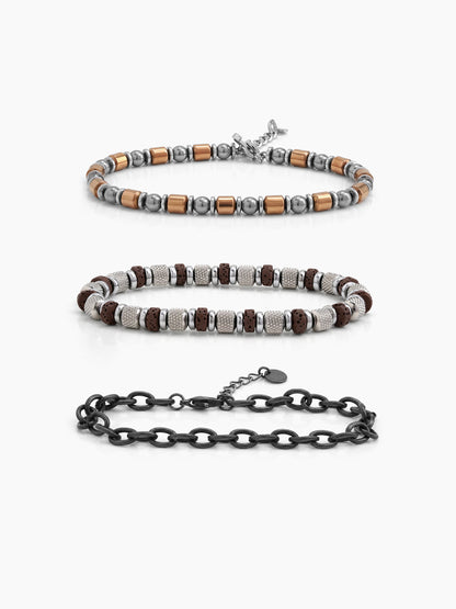 Corlan Beaded Chain Link Black - Silver Men's Bracelet Set