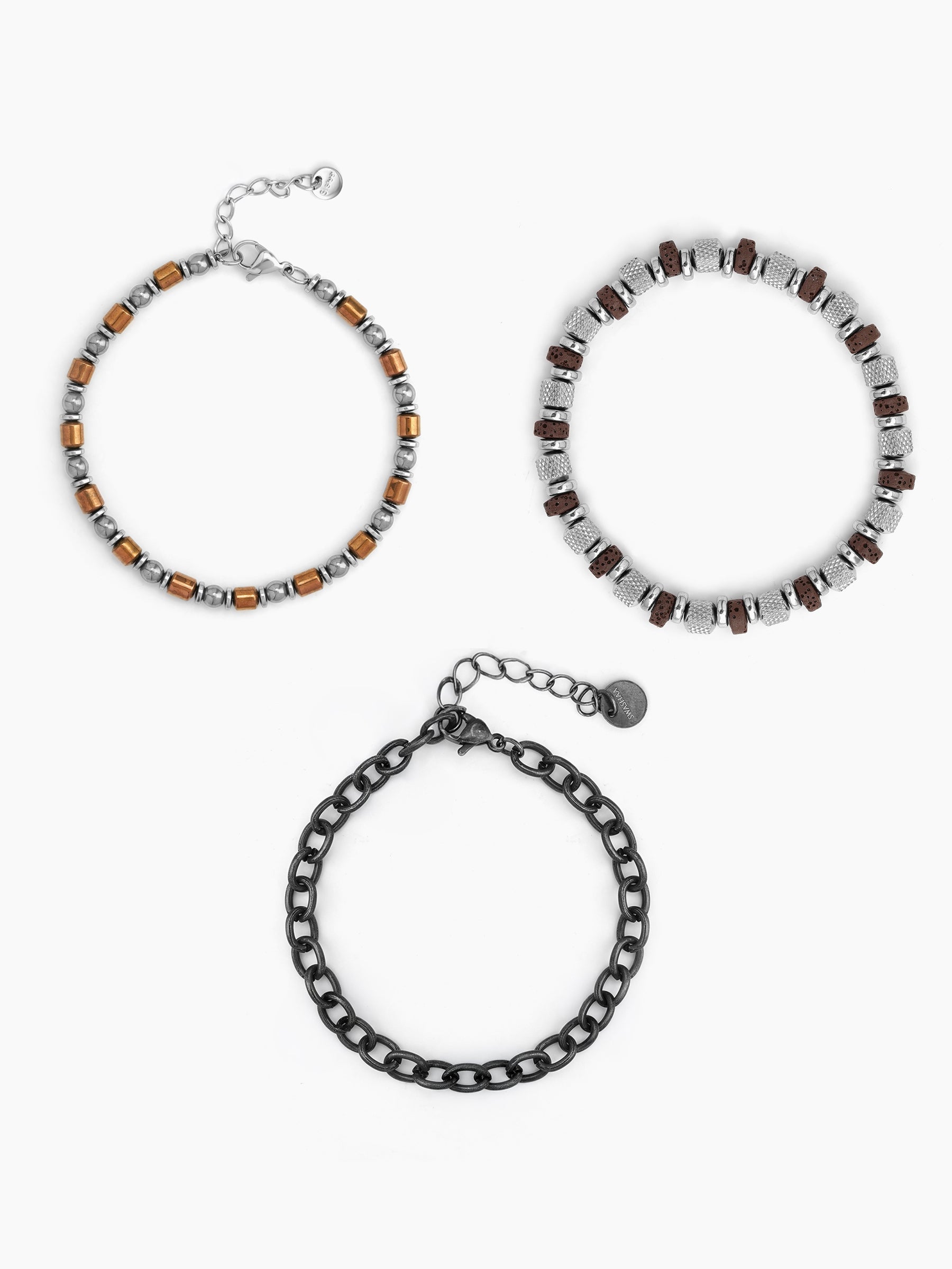 Corlan Beaded Chain Link Black - Silver Men's Bracelet Set