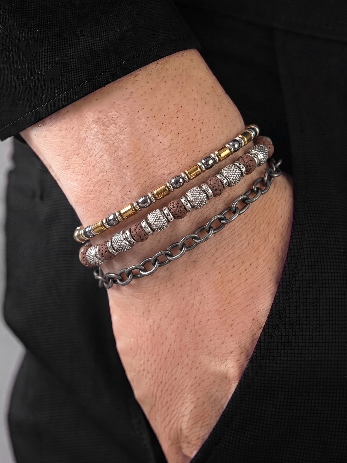 Corlan Beaded Chain Link Black - Silver Men's Bracelet Set