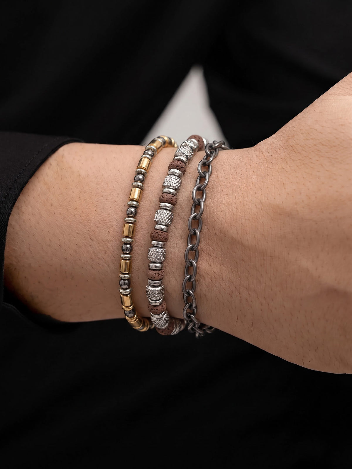 Corlan Beaded Chain Link Black - Silver Men's Bracelet Set