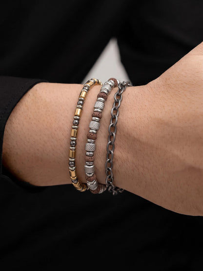 Corlan Beaded Chain Link Black - Silver Men's Bracelet Set