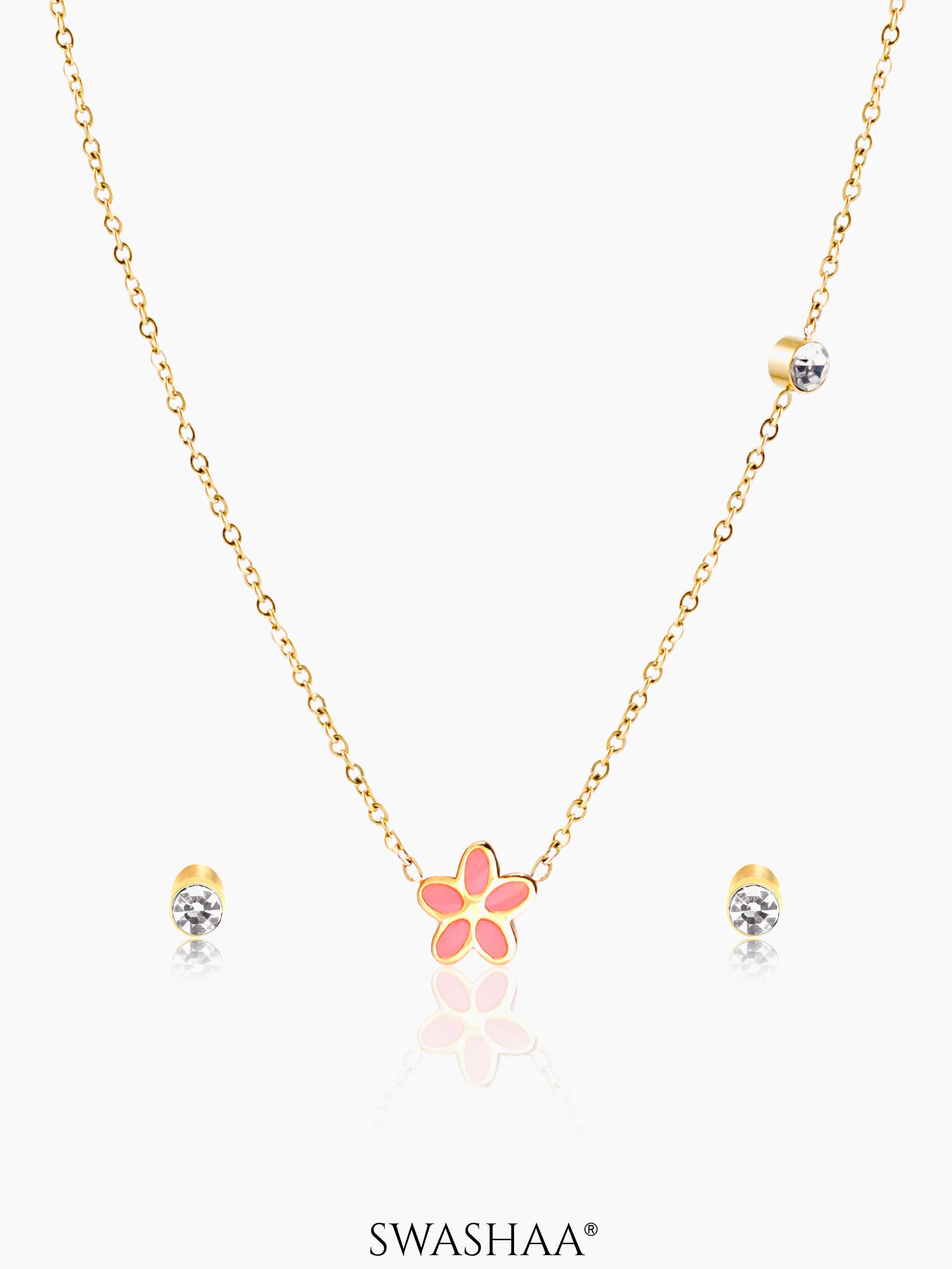 Pretty Pink Flower Charm  Kid's Jewelry Set Of 2 Necklace & Earrings