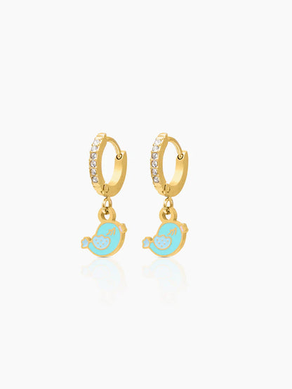 Cute Bird Diamond Charm 18K Gold Plated Kid's Hoop Dangling Earrings