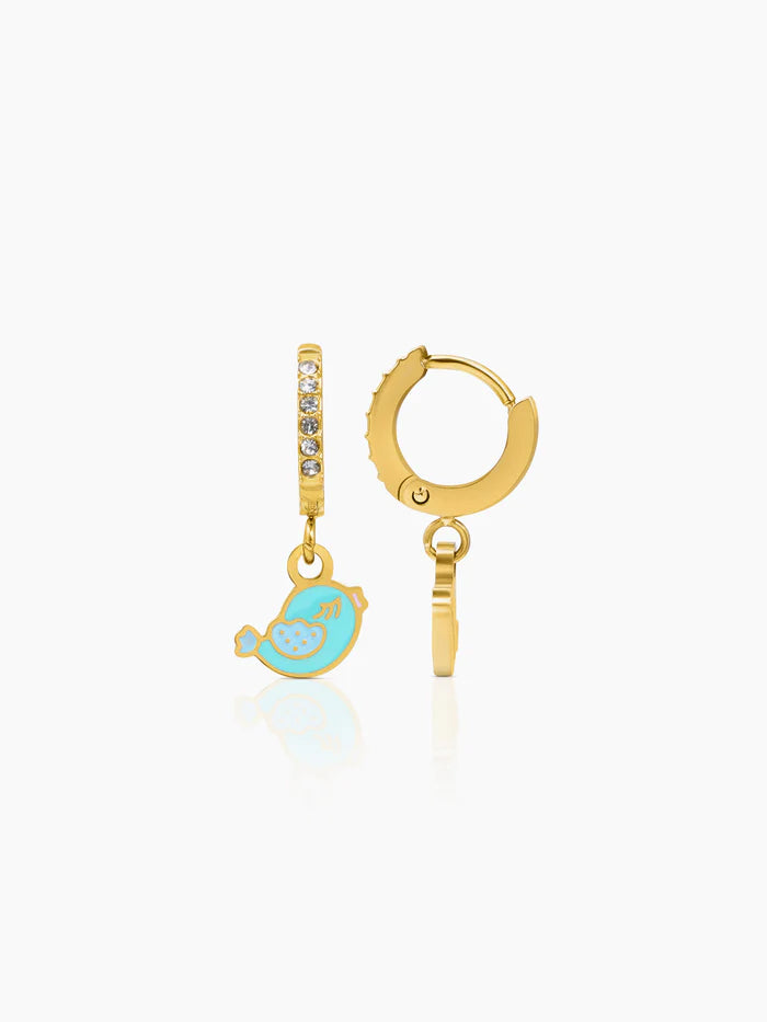 Cute Bird Diamond Charm 18K Gold Plated Kid's Hoop Dangling Earrings