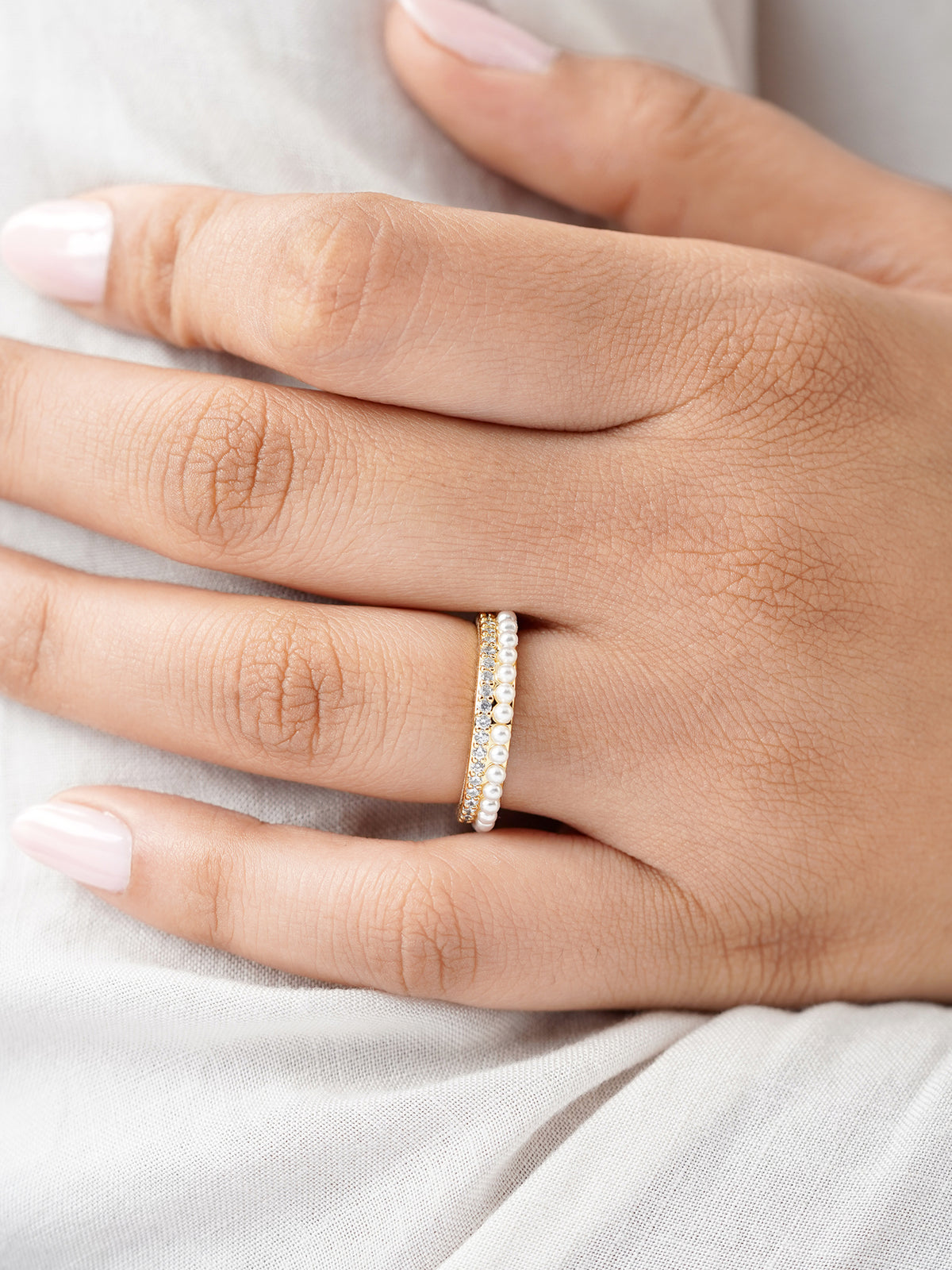 Daarsha White Tiny Sparkling Pearls 14K Gold Plated Ring
