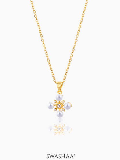 Dahlia Pearl Stones Charm 18K Gold Plated Cross Chain Pendant Necklace