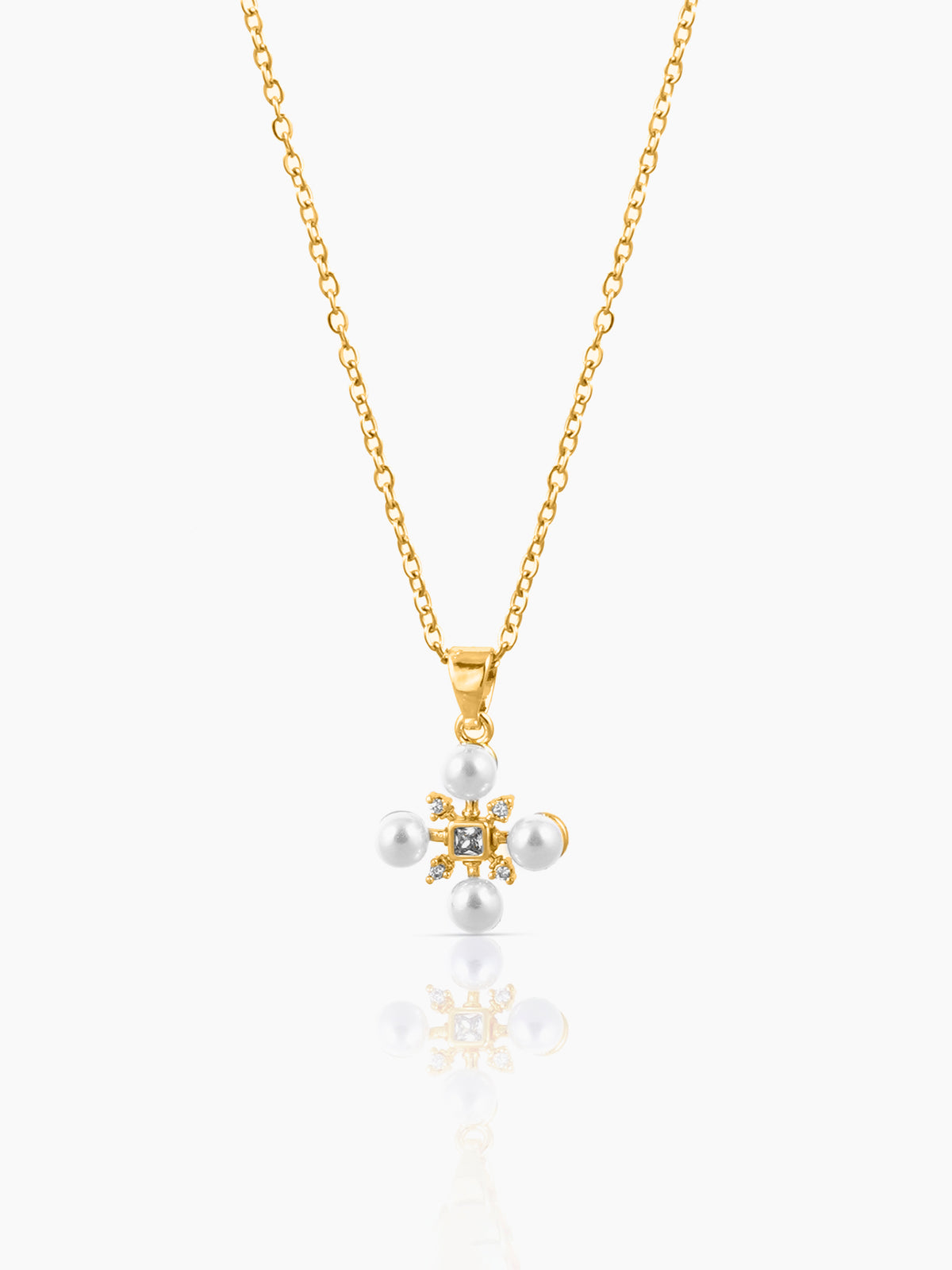 Dahlia Pearl Stones Charm 18K Gold Plated Cross Chain Pendant Necklace