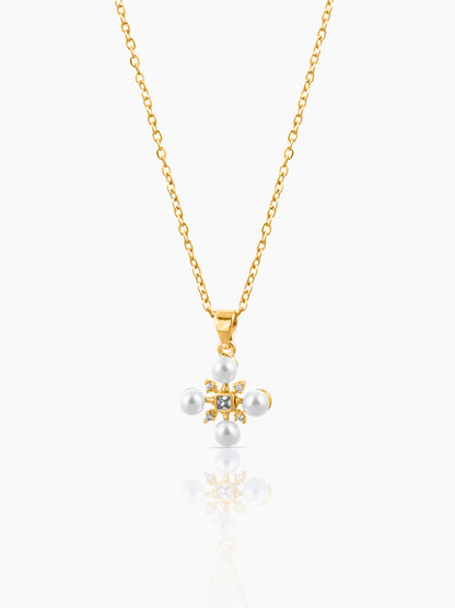 Dahlia Pearl Stones Charm 18K Gold Plated Cross Chain Pendant Necklace