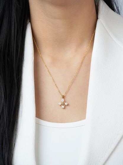 Dahlia Pearl Stones Charm 18K Gold Plated Cross Chain Pendant Necklace