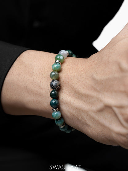 Daimon Polished Green Moss Beads Men's Bracelet