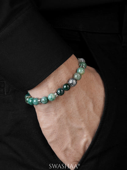 Daimon Polished Green Moss Beads Men's Bracelet