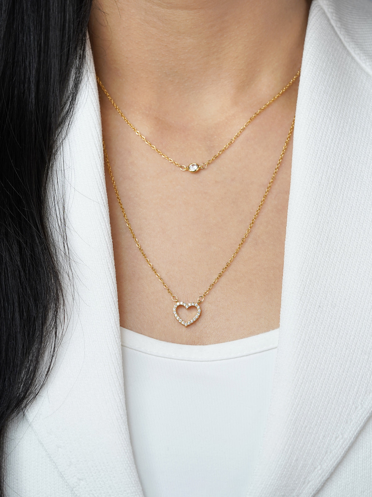 Daiva Double Layered Diamond Heart Charm 18K Gold Plated Necklace